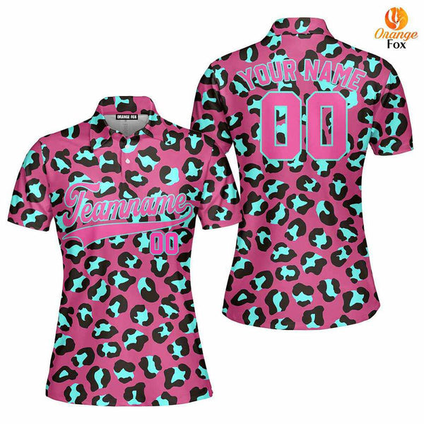 Custom Leopard On Pink Pattern Pink Light Blue Custom Polo Shirt For Women