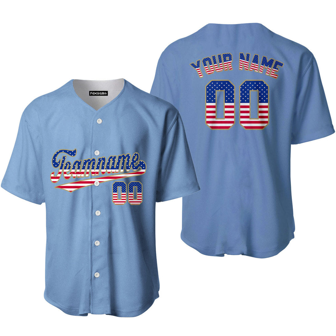 Custom Light Blue American Flag Fashion Custom Baseball Jerseys For Men & Women