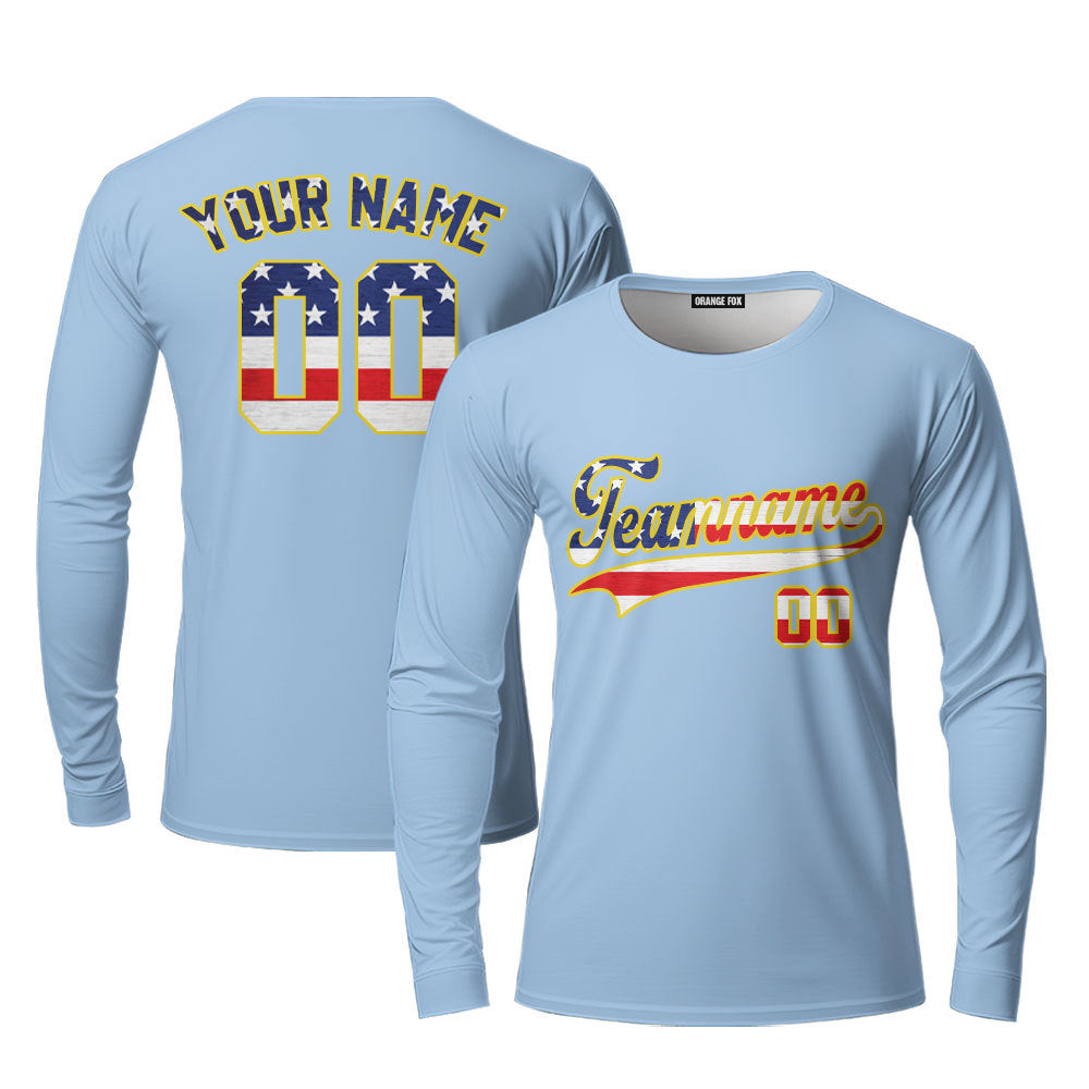 Custom Light Blue American Flag Fashion Custom Long Sleeve T-Shirt For Men & Women