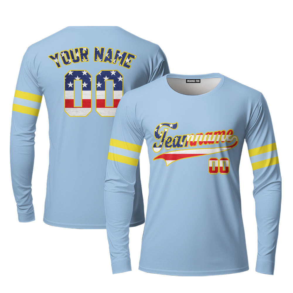 Custom Light Blue American Flag Fashion Custom Long Sleeve T-Shirt For Men & Women