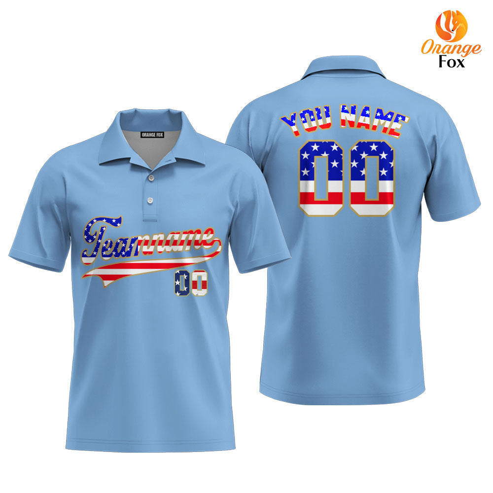 Custom Light Blue American Flag Fashion Custom Polo Shirt For Men