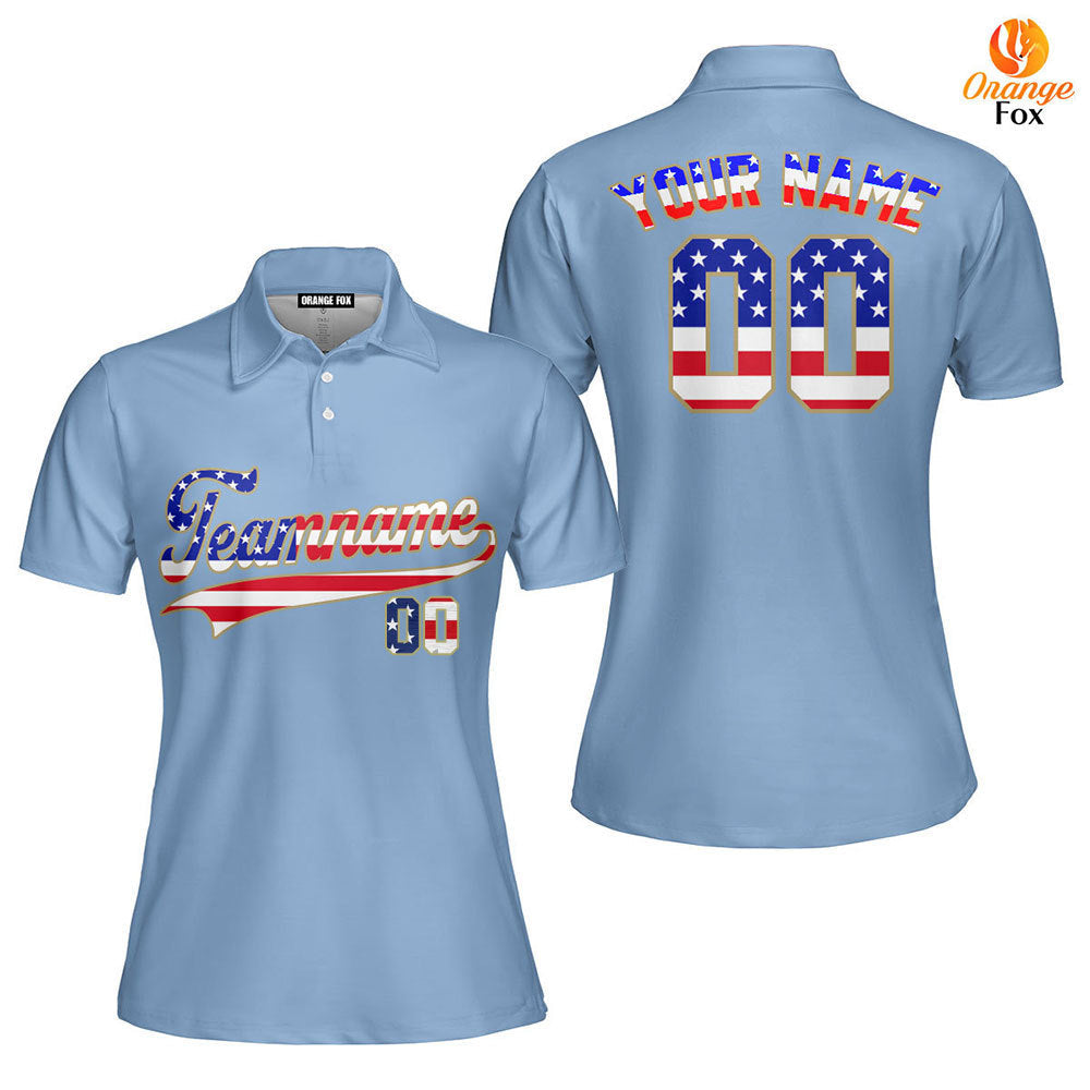 Custom Light Blue American Flag Fashion Custom Polo Shirt For Women