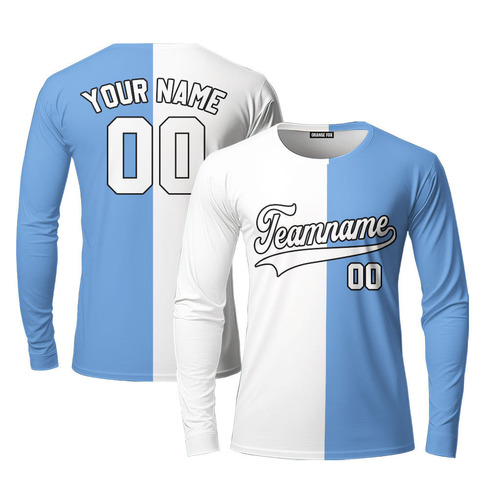 Custom Light Blue Black White Custom Long Sleeve T-Shirt For Men & Women