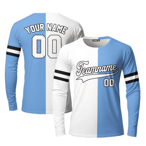 Custom Light Blue Black White Custom Long Sleeve T-Shirt For Men & Women