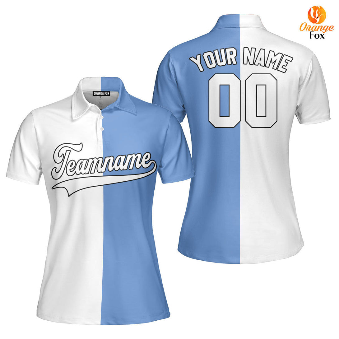 Custom Light Blue Black White Custom Polo Shirt For Women