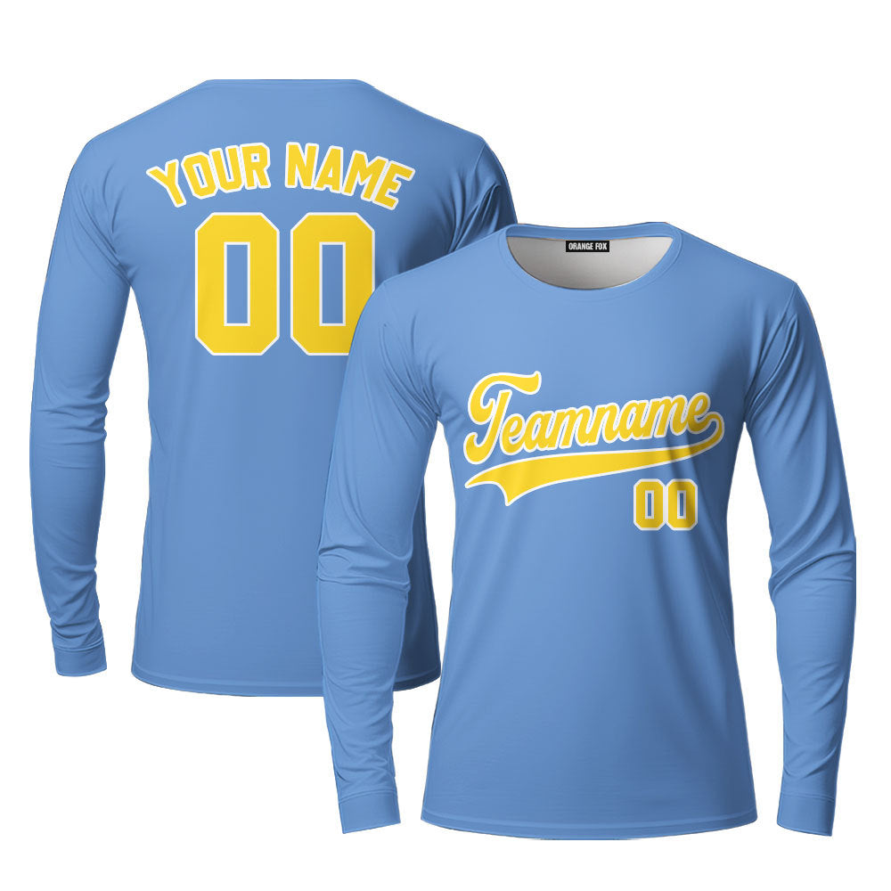 Custom Light Blue Gold White Custom Long Sleeve T-Shirt For Men & Women