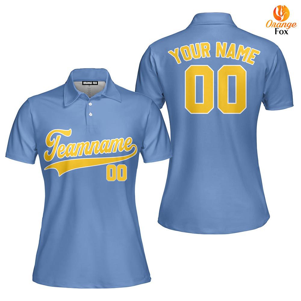 Custom Light Blue Gold White Custom Polo Shirt For Women