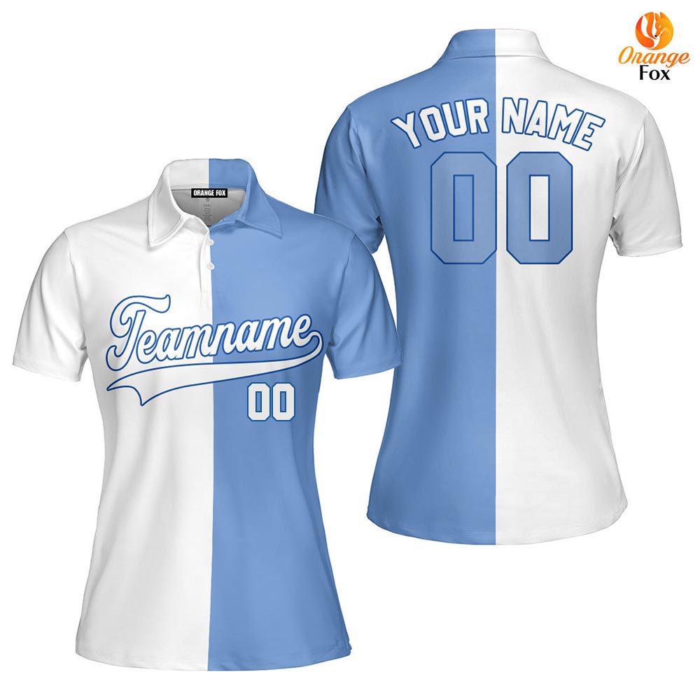 Custom Light Blue Navy White Split Fashion Custom Polo Shirt For Women