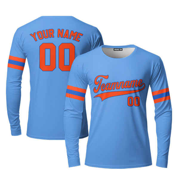 Custom Light Blue Orange Navy Custom Long Sleeve T-Shirt For Men & Women