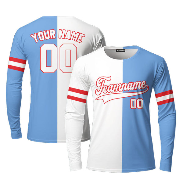 Custom Light Blue Red White Split Fashion Custom Long Sleeve T-Shirt For Men & Women