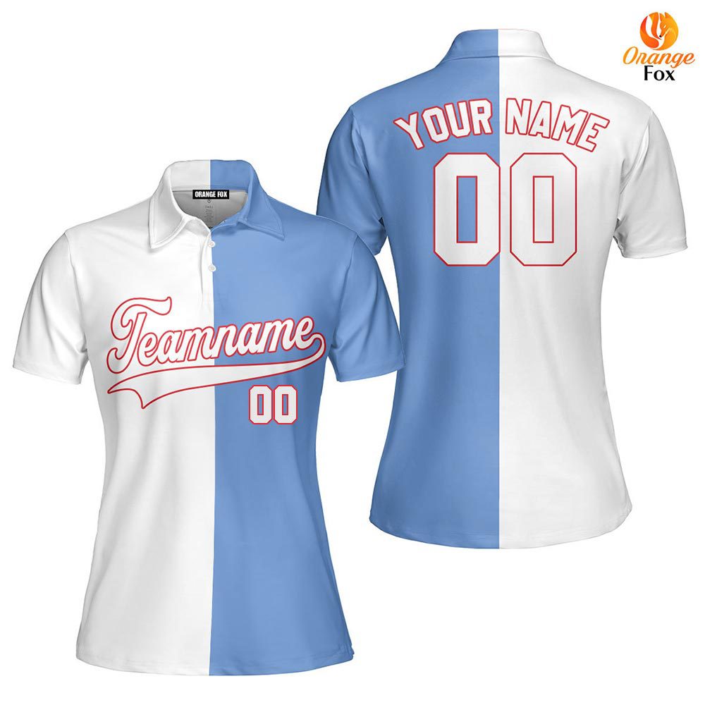 Custom Light Blue Red White Split Fashion Custom Polo Shirt For Women