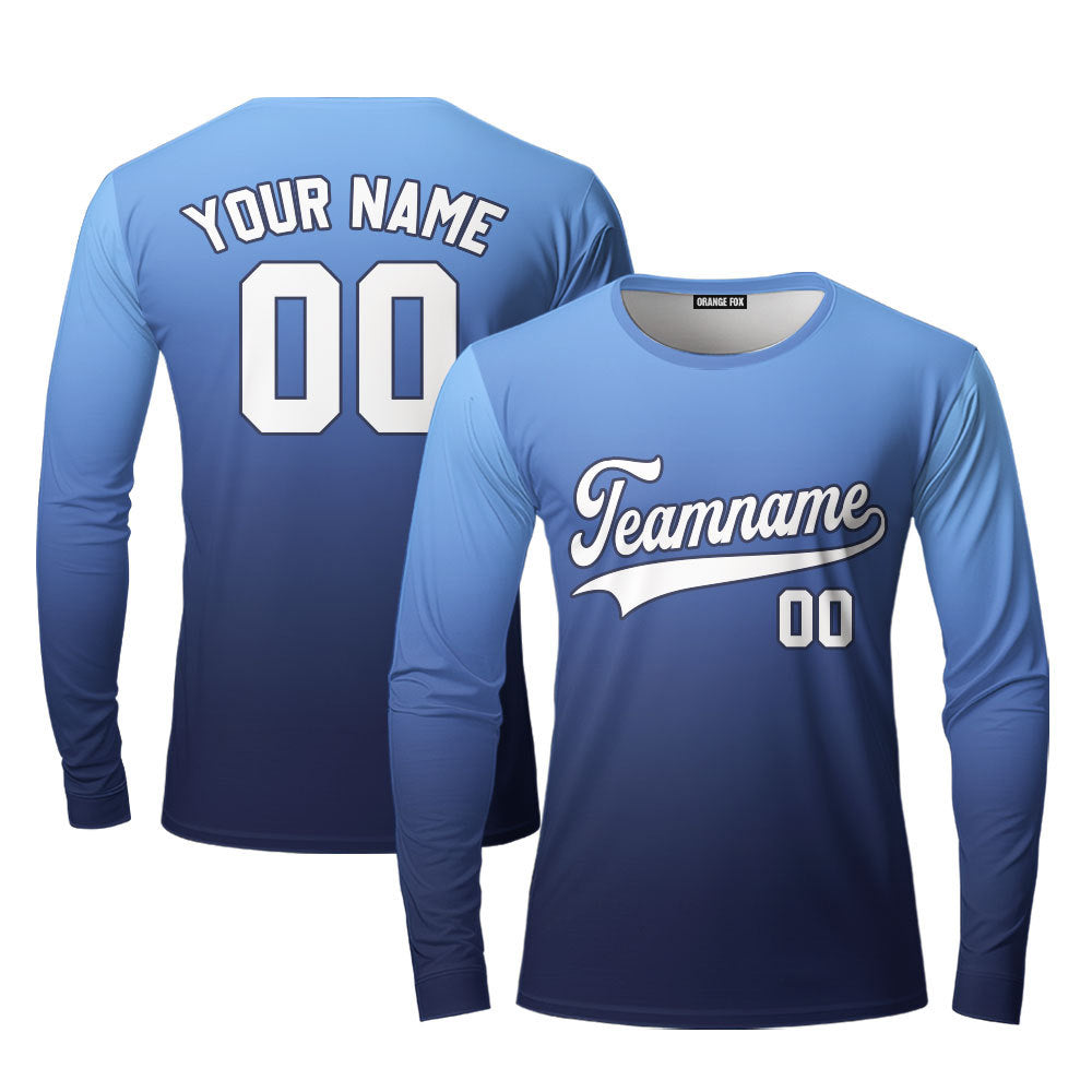 Custom Light Blue White Navy Fade Fashion Custom Long Sleeve T-Shirt For Men & Women