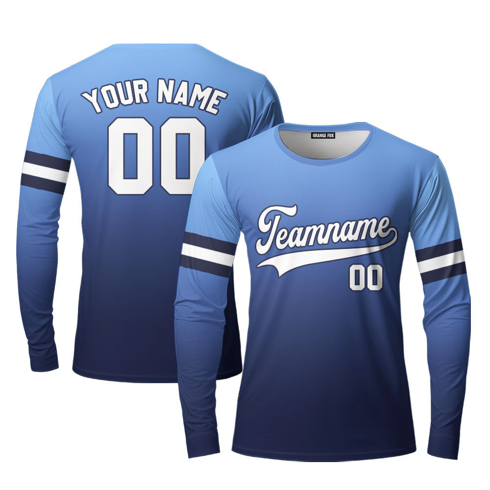 Custom Light Blue White Navy Fade Fashion Custom Long Sleeve T-Shirt For Men & Women