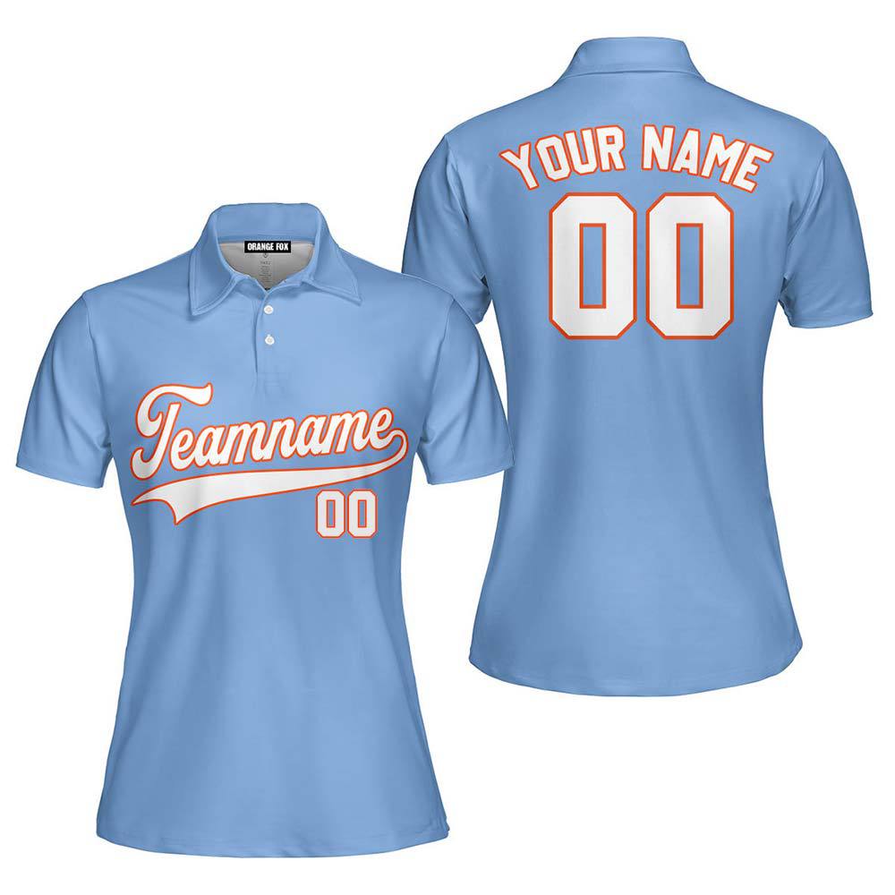 Custom Light Blue White - Orange Custom Polo Shirt For Women