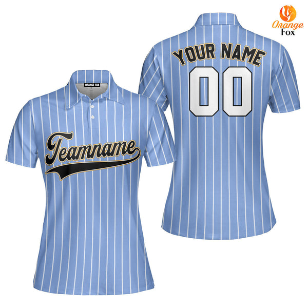 Custom Light Blue White Pinstripe Black White Custom Polo Shirt For Women