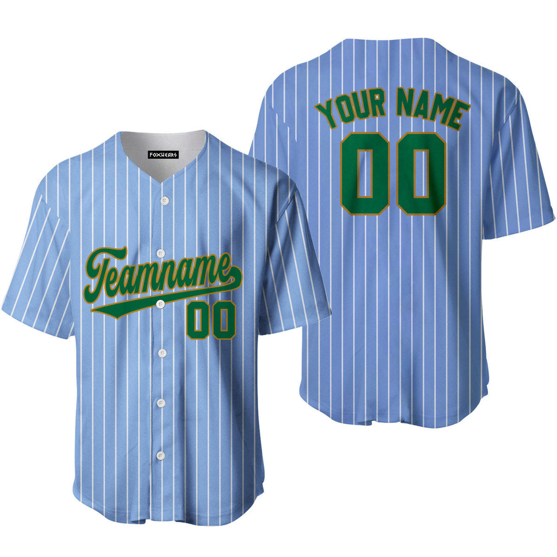 Custom Light Blue White Pinstripe Green Gold Baseball Jerseys For Men & Women