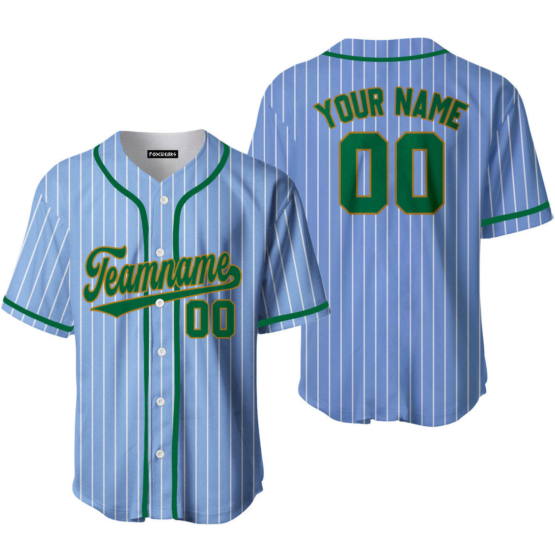 Custom Light Blue White Pinstripe Green Gold Baseball Jerseys For Men & Women