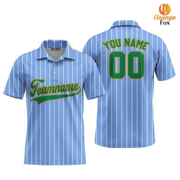 Custom Light Blue White Pinstripe Green Gold Custom Polo Shirt For Men