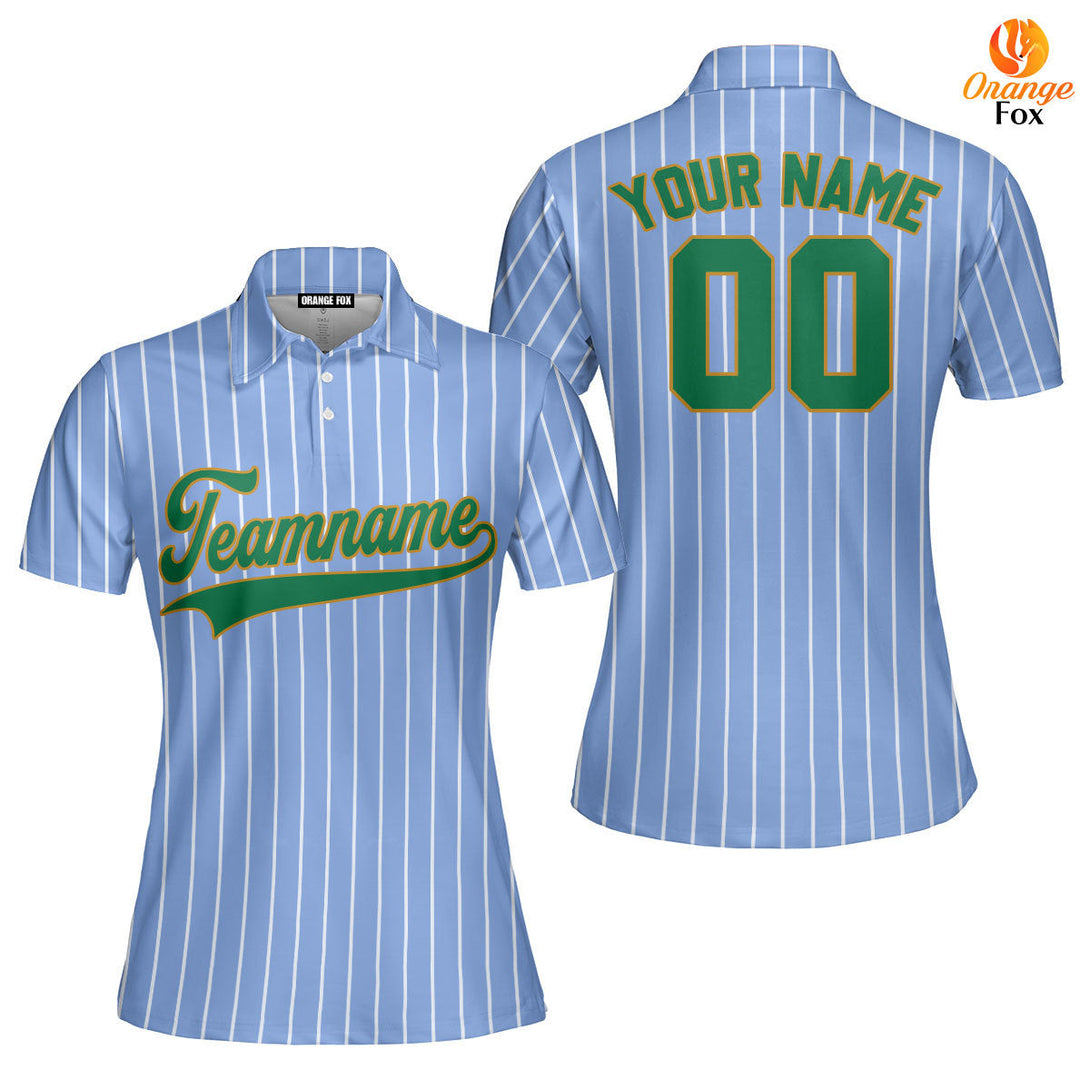 Custom Light Blue White Pinstripe Green Gold Custom Polo Shirt For Women