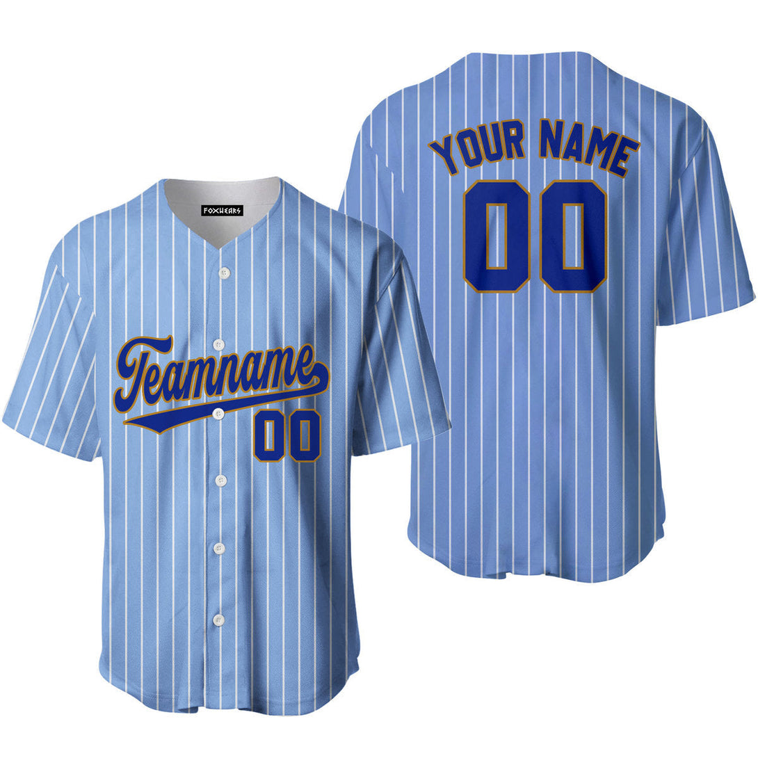 Custom Light Blue White Pinstripe Royal Blue Gold Baseball Jerseys For Men & Women