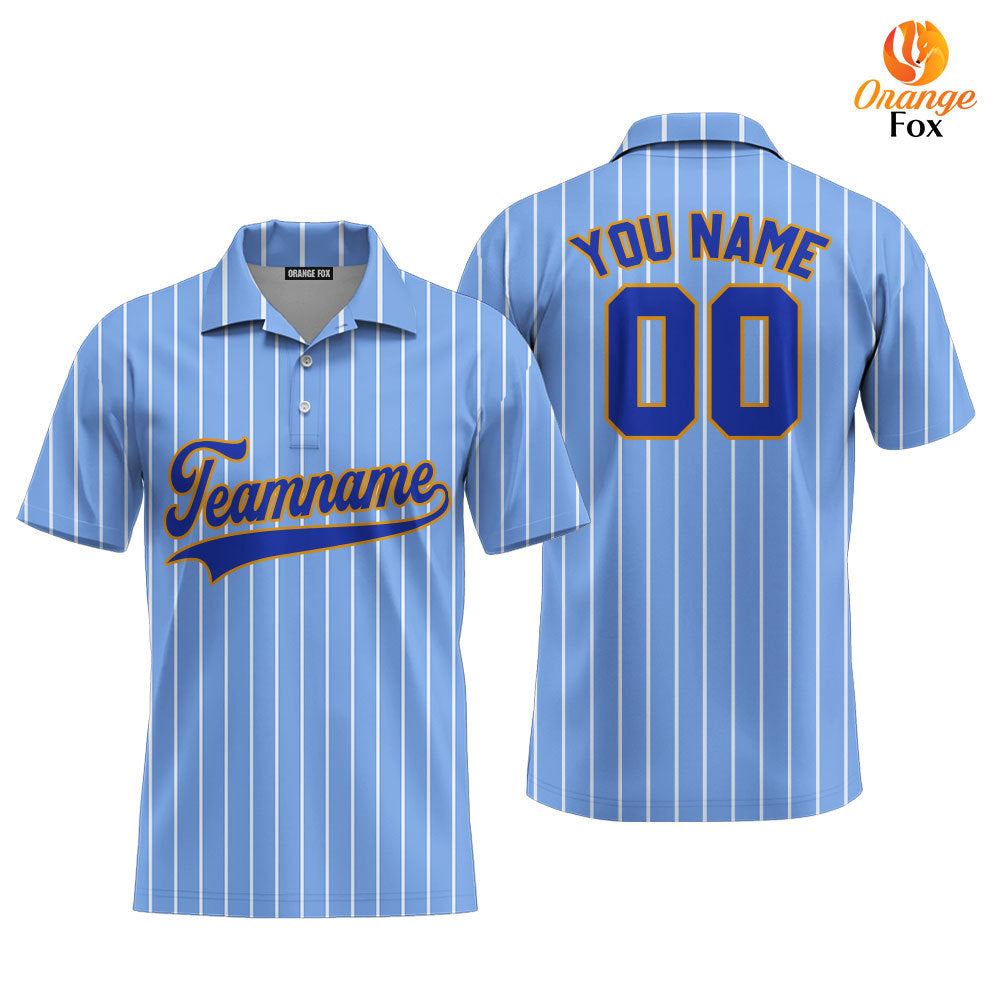 Custom Light Blue White Pinstripe Royal Blue Gold Custom Polo Shirt For Men