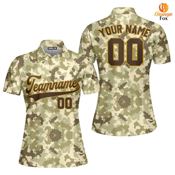 Custom Light Brown Camouflage Brown Yellow Custom Polo Shirt For Women