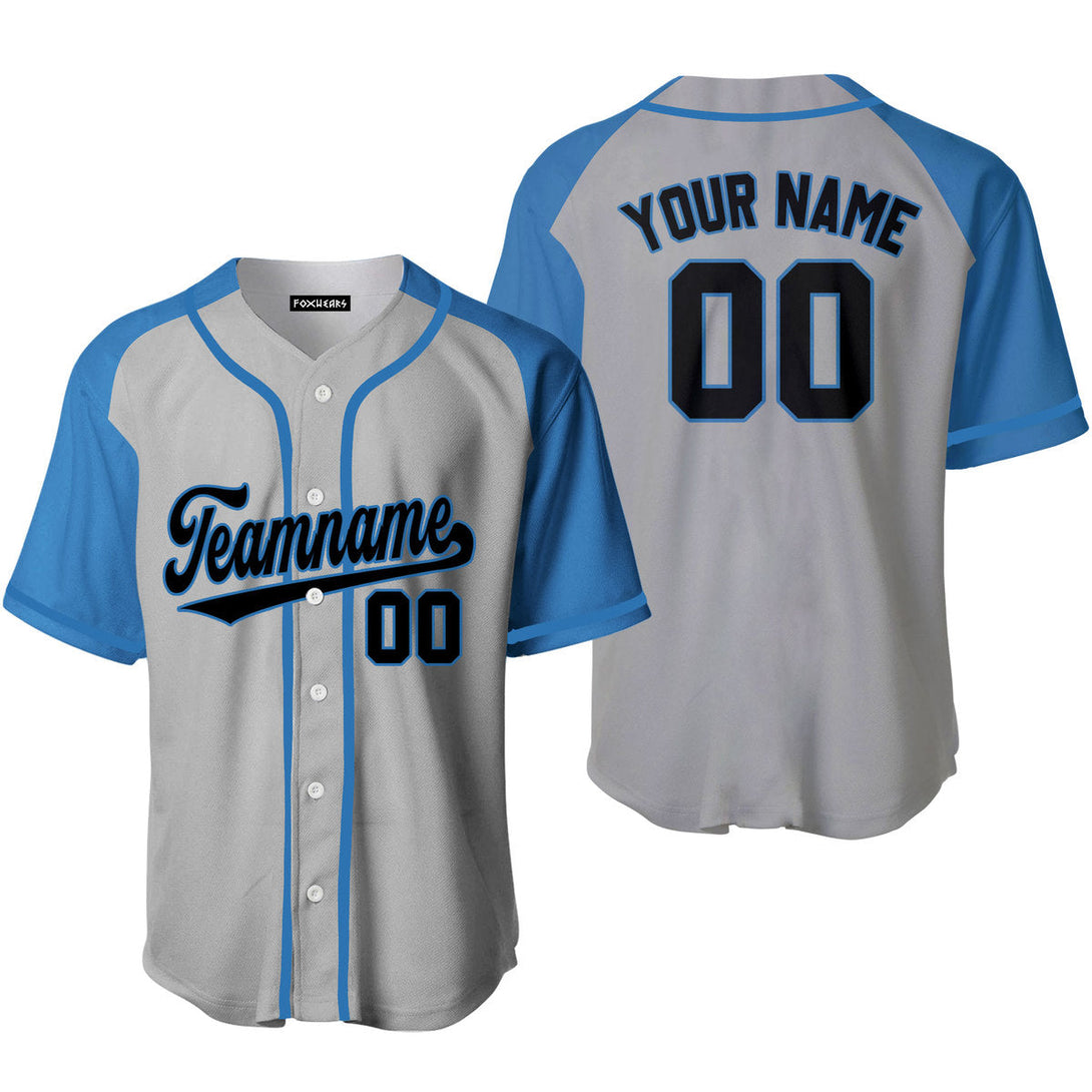 Custom Grey Black-Blue Blue Raglan Sleeves Baseball Jersey