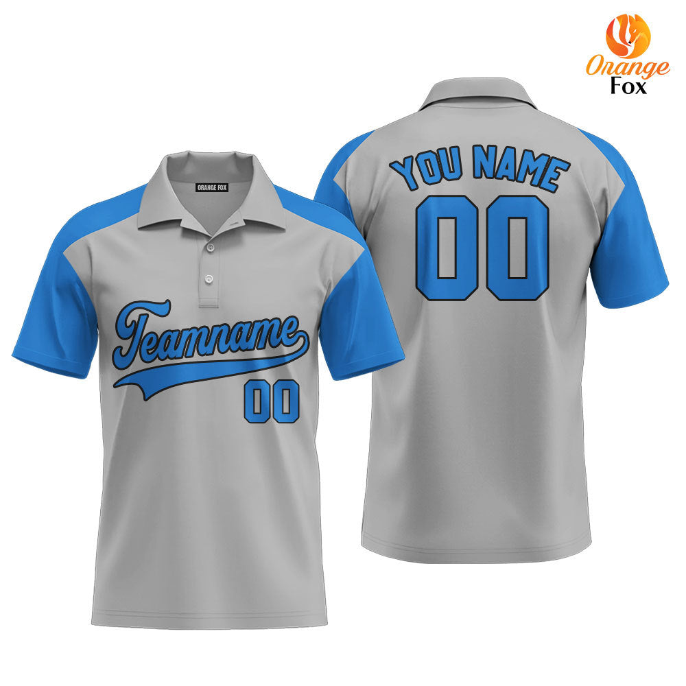 Custom Light Grey Blue Raglan Black Custom Polo Shirt For Men