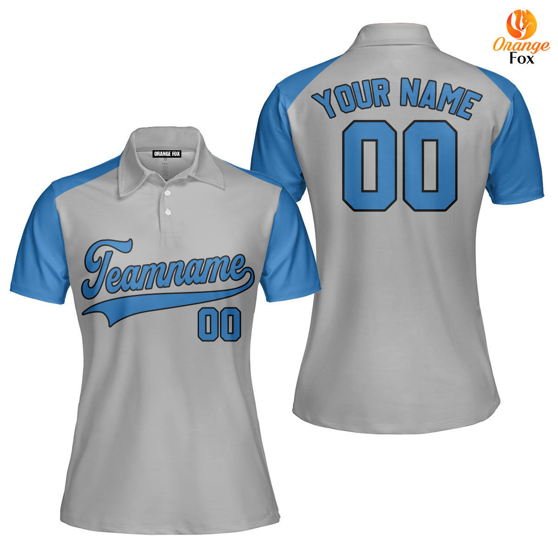 Custom Light Grey Blue Raglan Black Custom Polo Shirt For Women