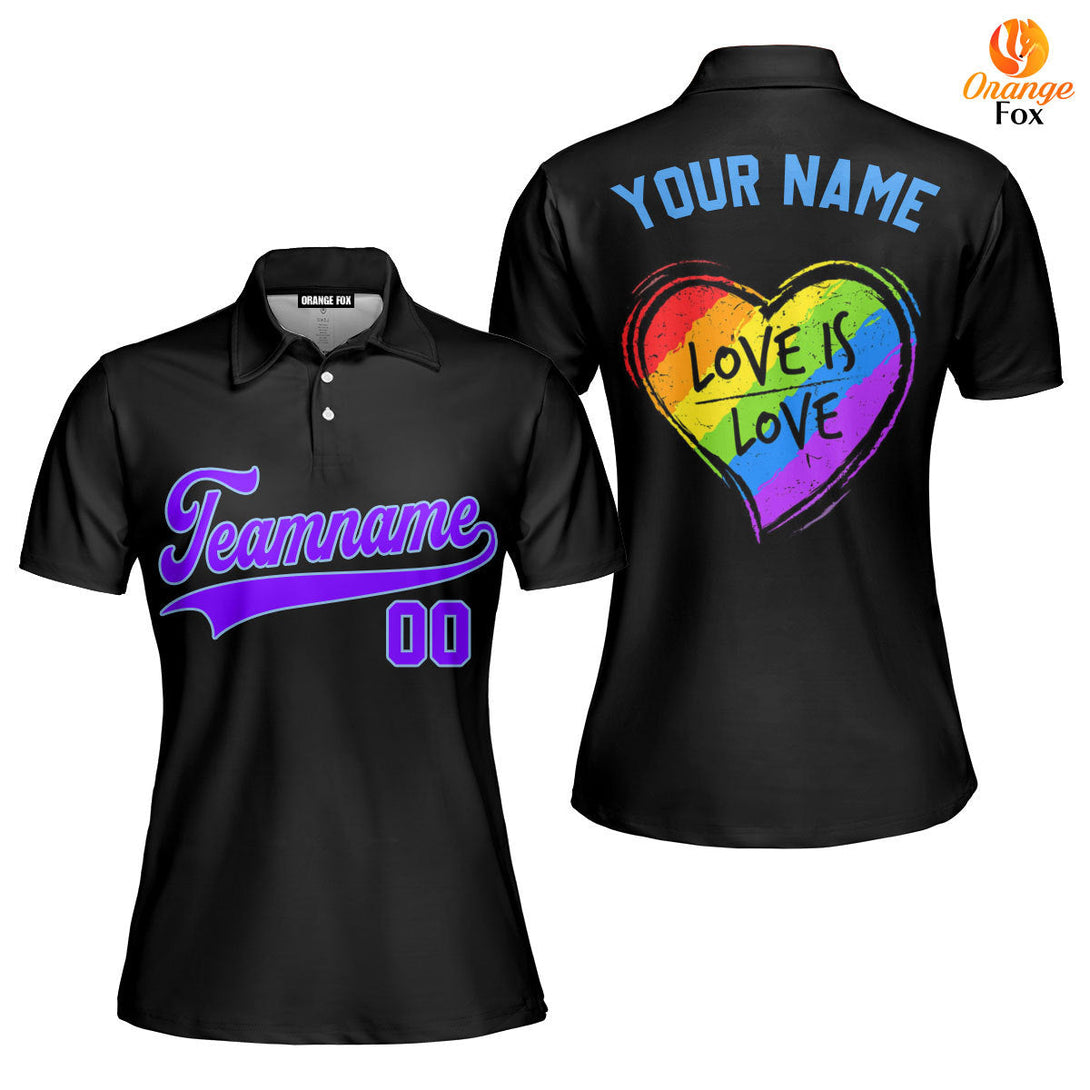 Custom Love Is Love Rainbow Heart Pride Purple Light Blue Custom Polo Shirt For Women