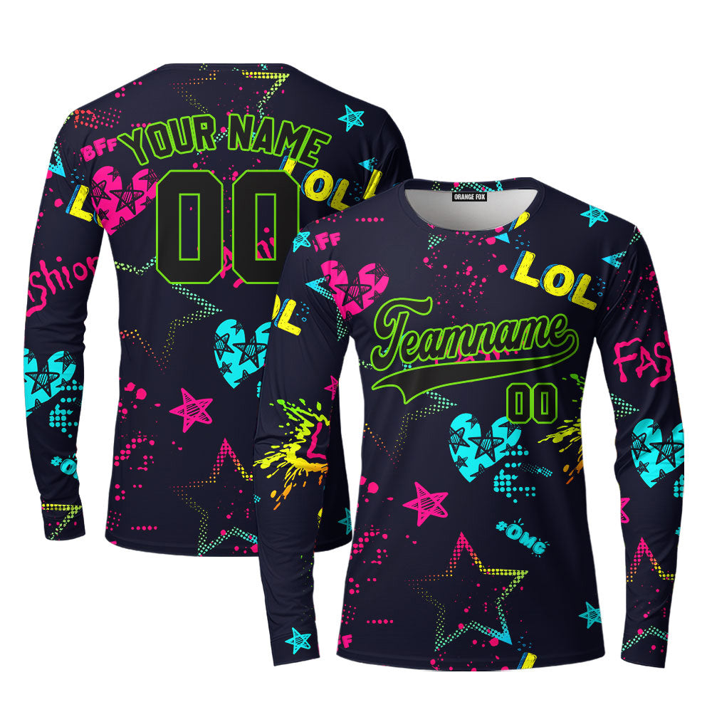 Custom Love Neon Style Pattern Black Blue Custom Long Sleeve T-Shirt For Men & Women