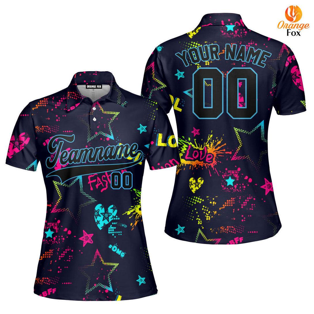 Custom Love Neon Style Pattern Black Blue Custom Polo Shirt For Women