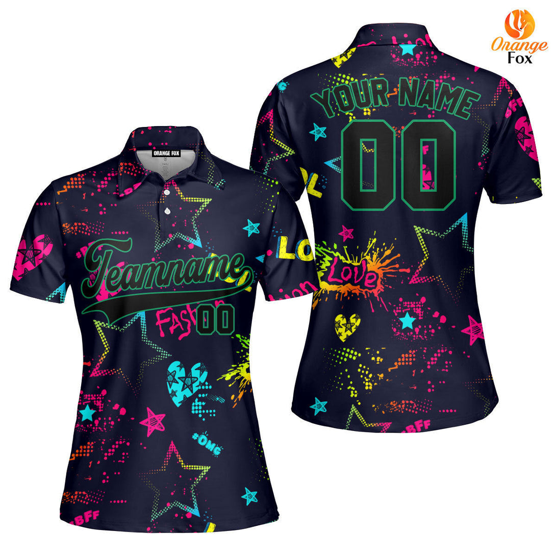 Custom Love Neon Style Pattern Black Green Custom Polo Shirt For Women