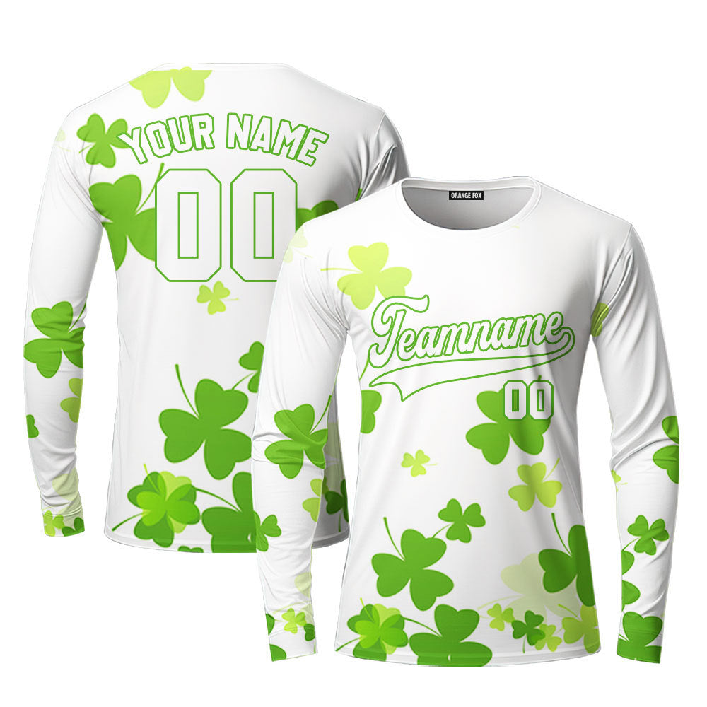 Custom Lucky White Green Shamrock Patrick Custom Long Sleeve T-Shirt For Men & Women