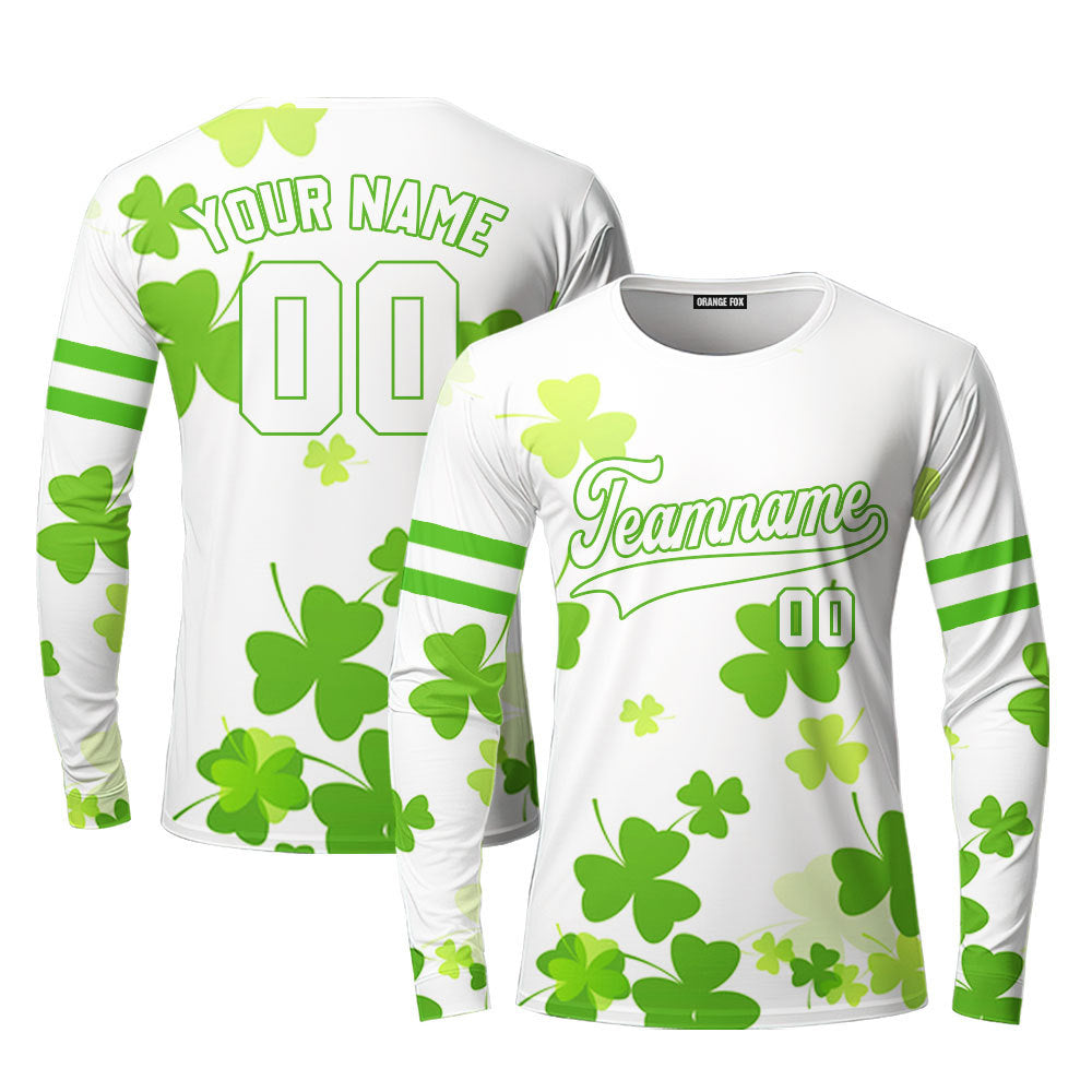 Custom Lucky White Green Shamrock Patrick Custom Long Sleeve T-Shirt For Men & Women