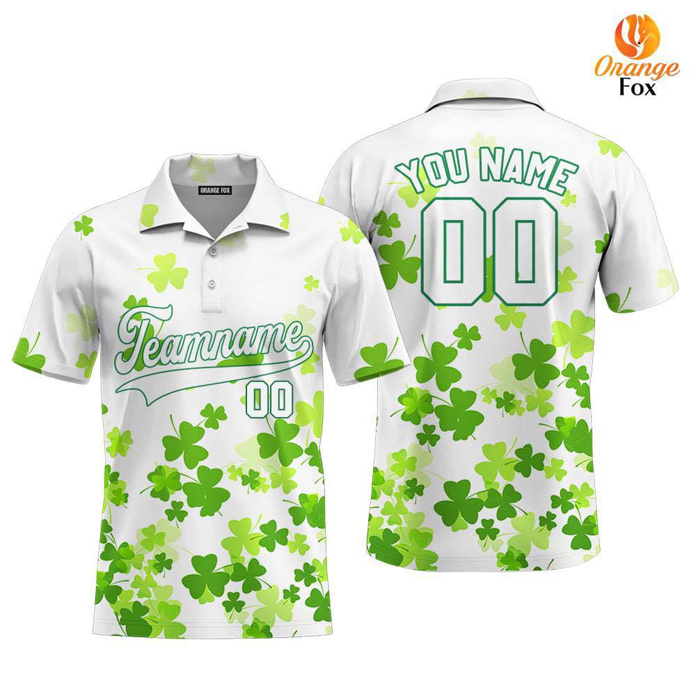 Custom Lucky White Green Shamrock Patrick Custom Polo Shirt For Men