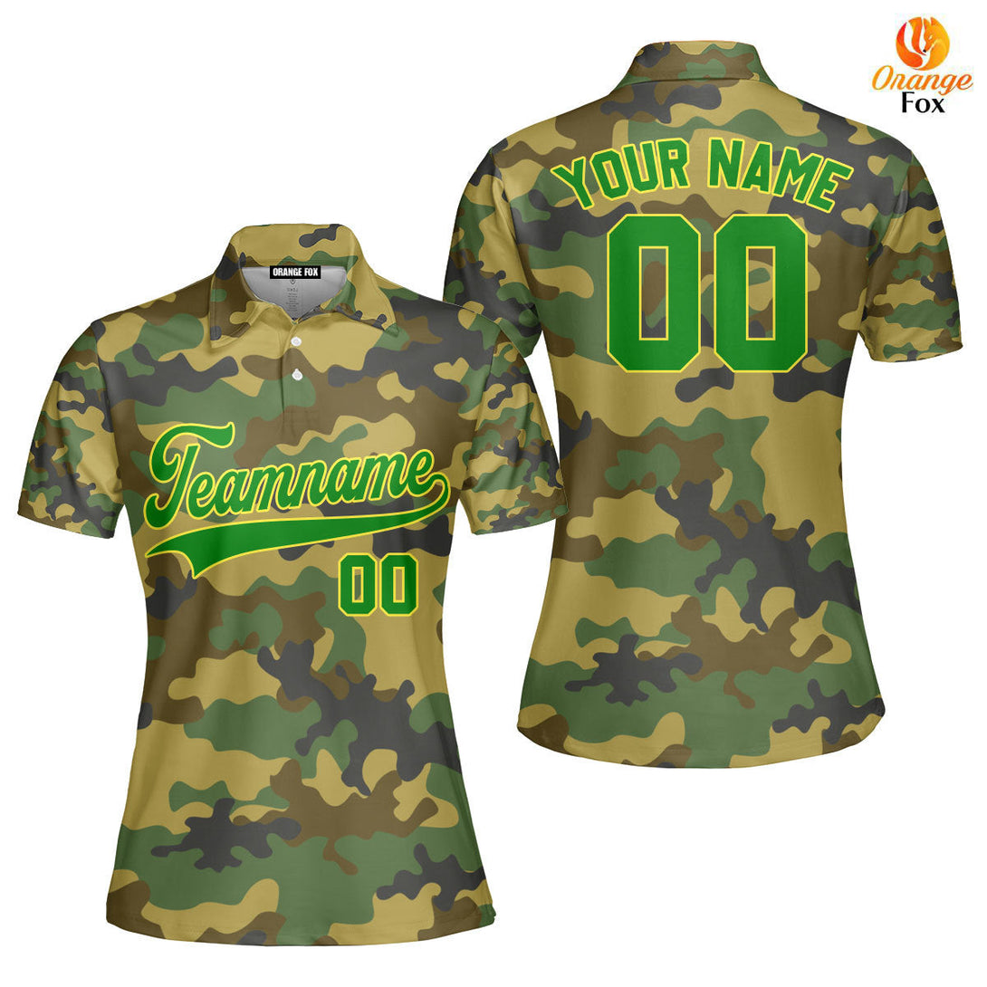 Custom Military Camo Style Green Yellow Custom Polo Shirt For Women