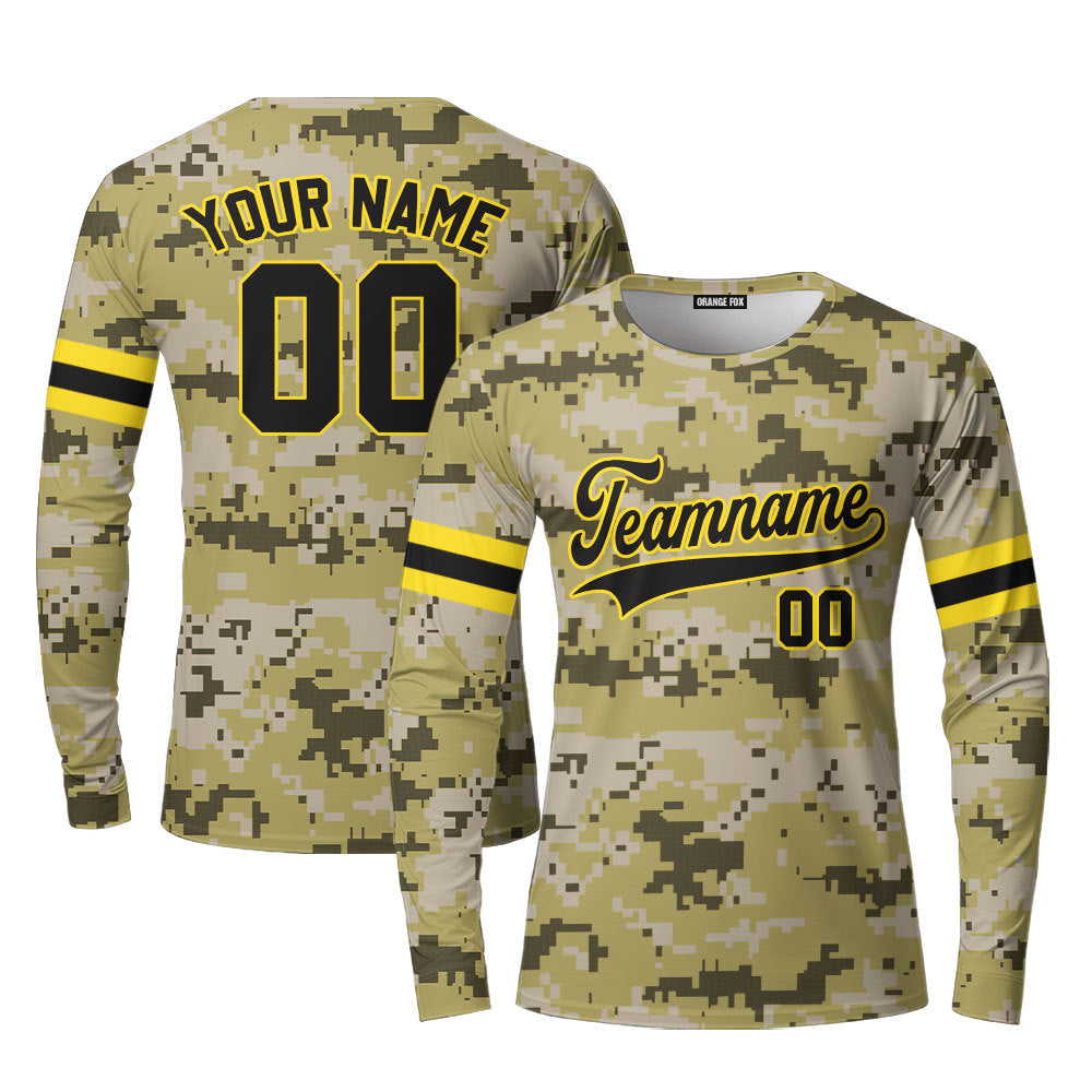 Custom Military Camouflage Black Yellow Custom Long Sleeve T-Shirt For Men & Women