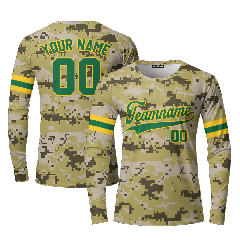 Custom Military Camouflage Green Yellow Custom Long Sleeve T-Shirt For Men & Women