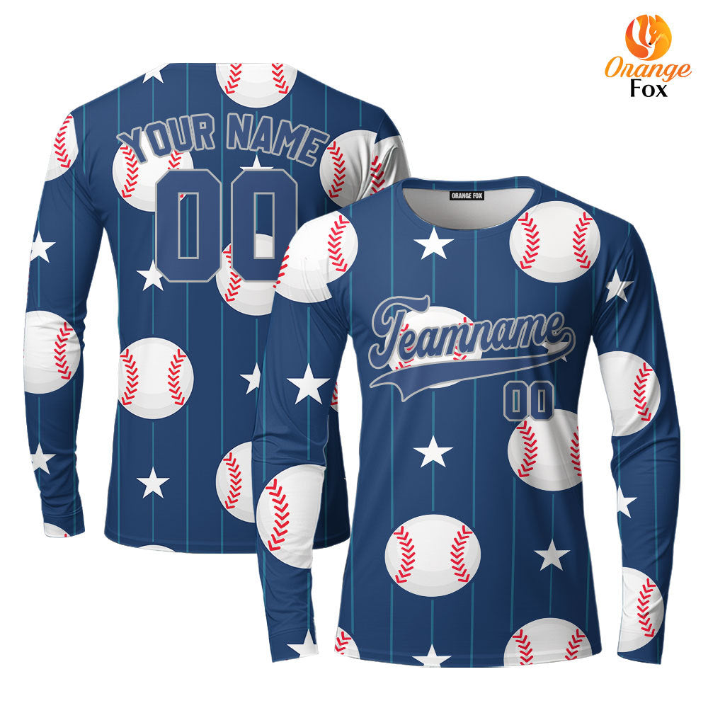 Custom Navy Baseball Striped Pattern Blue Gray Custom Long Sleeve T-Shirt For Men & Women