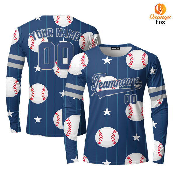 Custom Navy Baseball Striped Pattern Blue Gray Custom Long Sleeve T-Shirt For Men & Women
