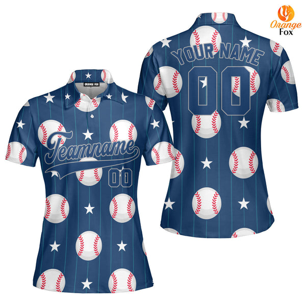 Custom Navy Baseball Striped Pattern Blue Gray Custom Polo Shirt For Women