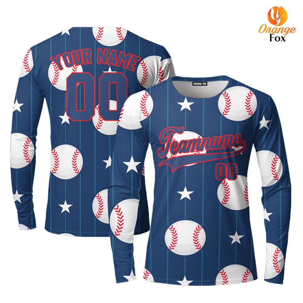 Custom Navy Baseball Striped Pattern Blue Red Custom Long Sleeve T-Shirt For Men & Women