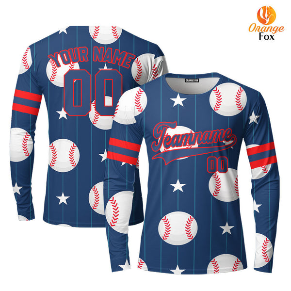 Custom Navy Baseball Striped Pattern Blue Red Custom Long Sleeve T-Shirt For Men & Women