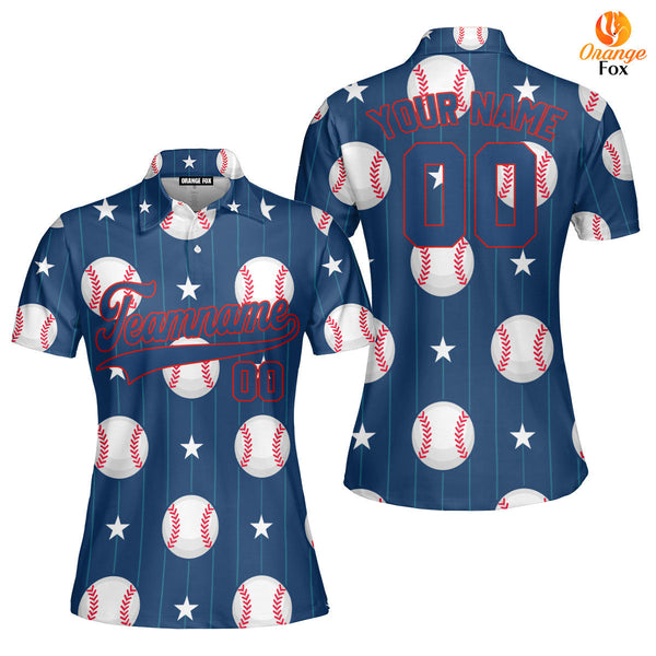 Custom Navy Baseball Striped Pattern Blue Red Custom Polo Shirt For Women