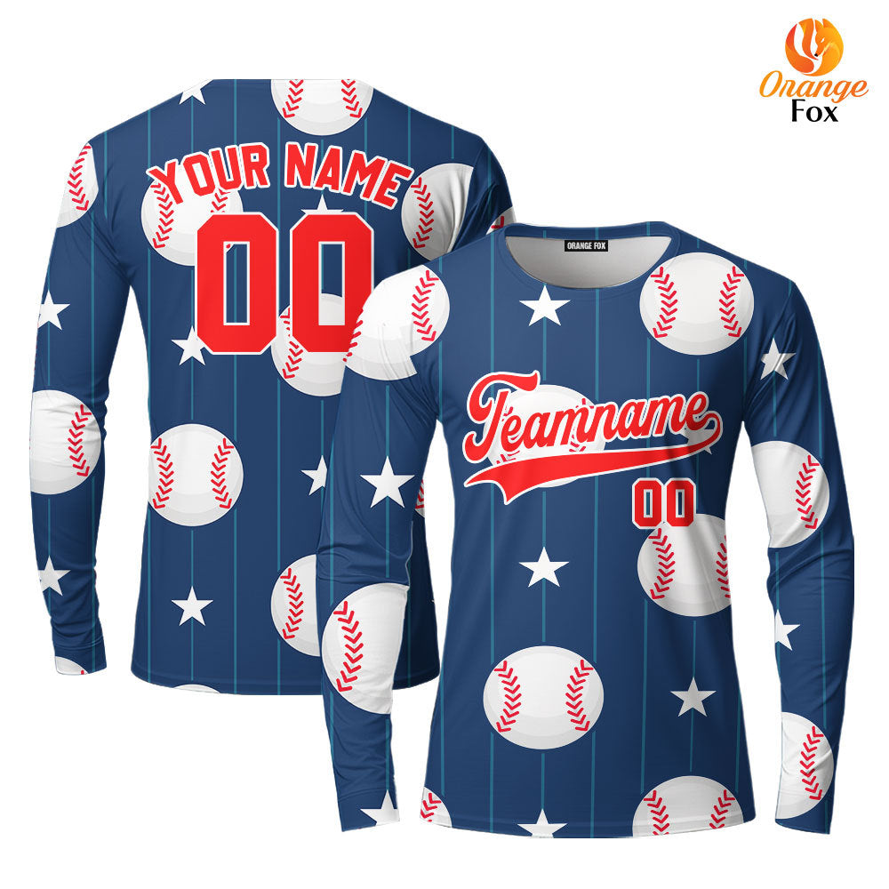 Custom Navy Baseball Striped Pattern Red WhiteCustom Long Sleeve T-Shirt For Men & Women