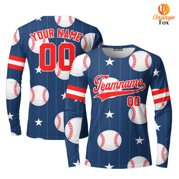 Custom Navy Baseball Striped Pattern Red WhiteCustom Long Sleeve T-Shirt For Men & Women