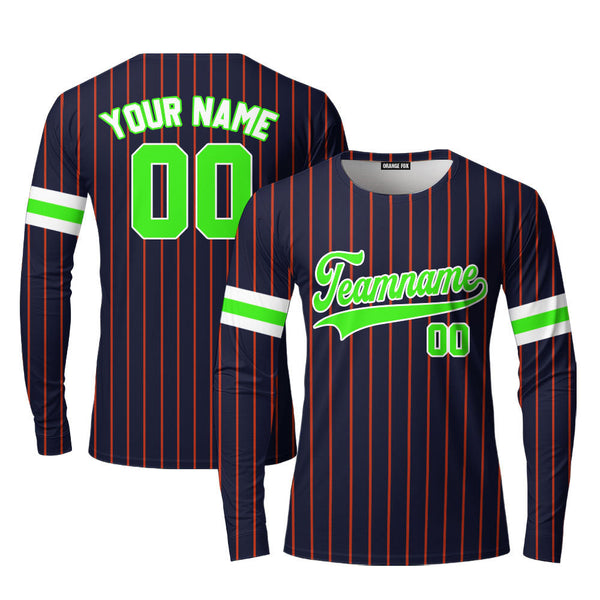 Custom Navy Blue Green Pinstripe White Custom Long Sleeve T-Shirt For Men & Women