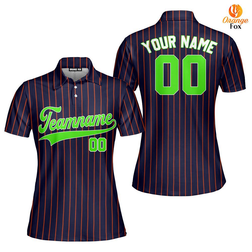 Custom Navy Blue Green Pinstripe White Custom Polo Shirt For Women