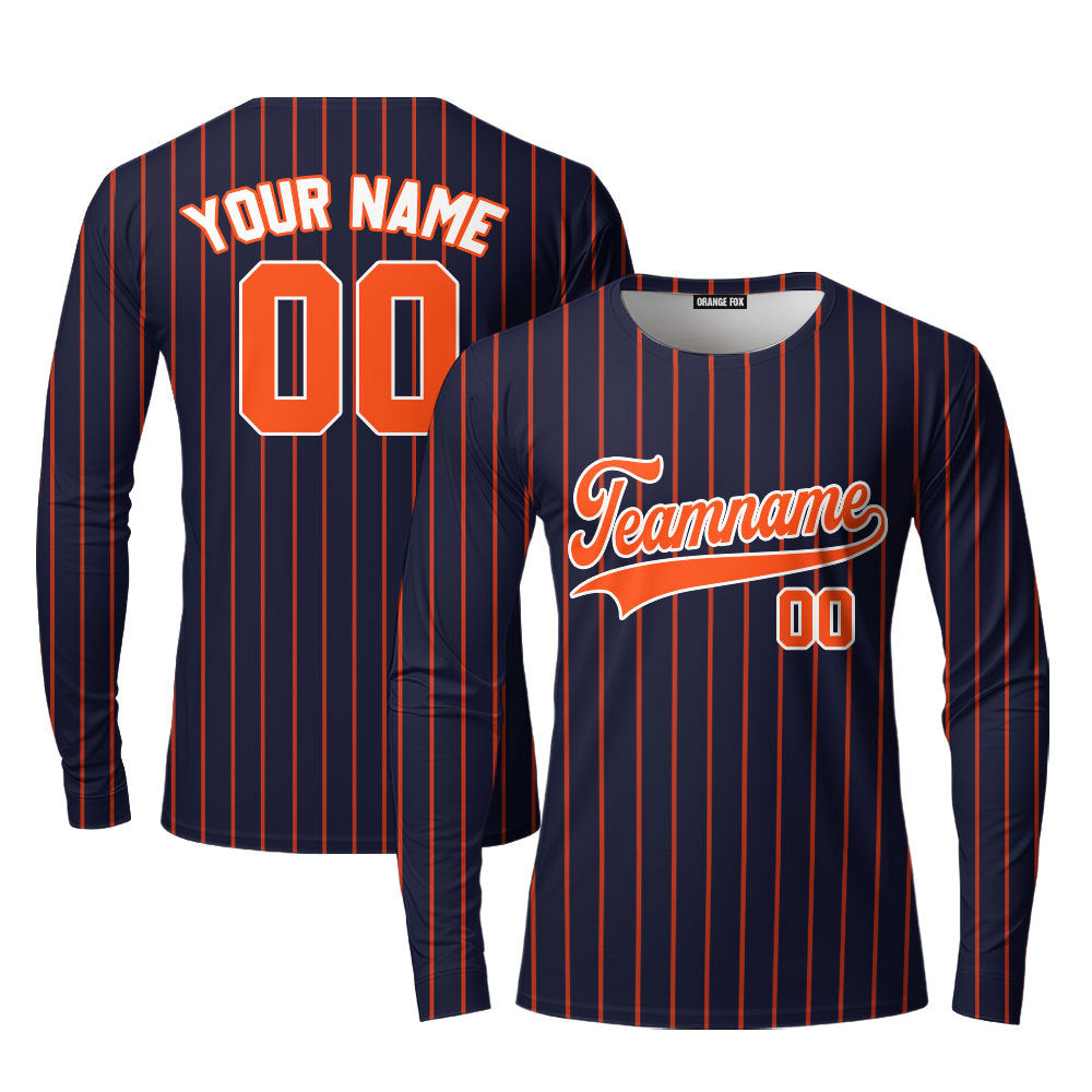 Custom Navy Blue Orange Pinstripe White Custom Long Sleeve T-Shirt For Men & Women